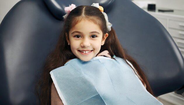 In a clinic full of young patients, a dentist examines a smiling girl, emphasizing the importance of hygiene and preventive dentistry for children