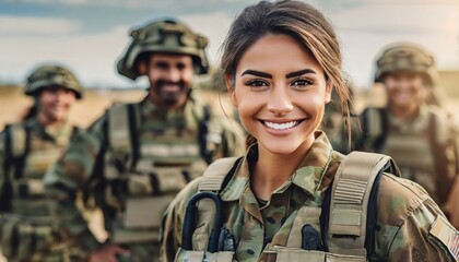 a pretty woman stands proud and sexy, embodying the strength and security of the army in every smile