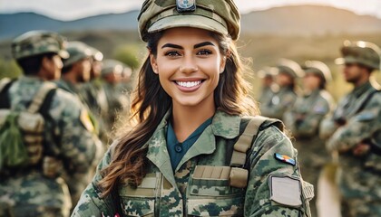 A female soldier in camouflage smiles confidently, her uniform signifying her sexy strength and pretty resilience in military security - obrazy, fototapety, plakaty