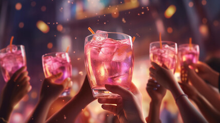 Hand holding glass of pink cocktail, people cheering, cheers, spending a moment together with friends, party, happy moment, nightclub, restaurant, cheering, family, hyper realistic 