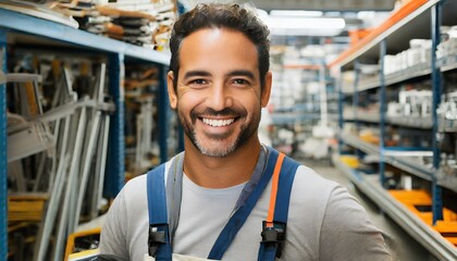 Smiling male worker in overalls standing confidently in a well-stocked hardware store
