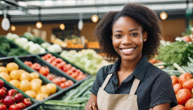 A smiling African American woman stands in her small grocery store, managing retail sales with a sense of pride and entrepreneurial spirit