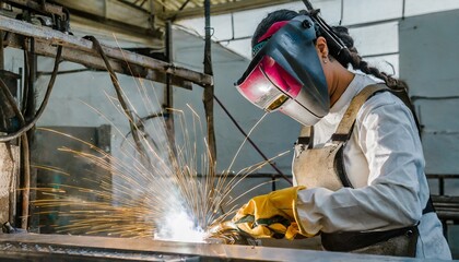  professional welder in protective gear skillfully welding metal with sparks flying, set against a mountainous backdrop