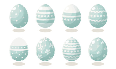 A set of blue Easter eggs with different patterns. Vector illustration on a white background. Happy easter. Spring holiday. Collection of decorative Easter symbol. Spring colorful chocolate egg.