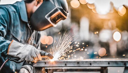  professional welder in protective gear skillfully welding metal with sparks flying, set against a mountainous backdrop