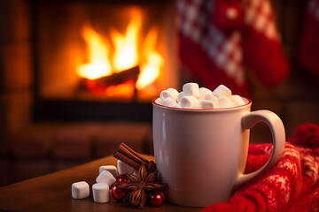 Mug of coffee with marshmallows by the Christmas fireplace