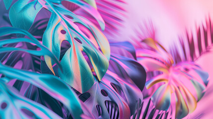 Minimal surrealism background with tropical, monstera and palm leaves in pastel holographic colors...