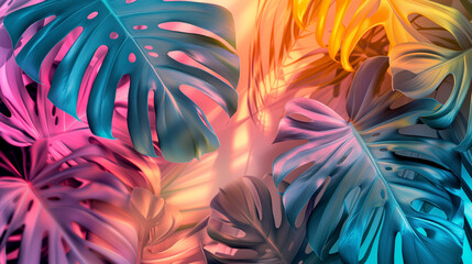 Minimal surrealism background with tropical, monstera and palm leaves in pastel holographic colors...