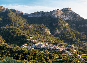 Fototapeta na wymiar View of the mountain village of Estellencs, in Sierra de Tramuntana, Northwestern Coast, in the island of Majorca, Balearic Islands, Spain, Europe