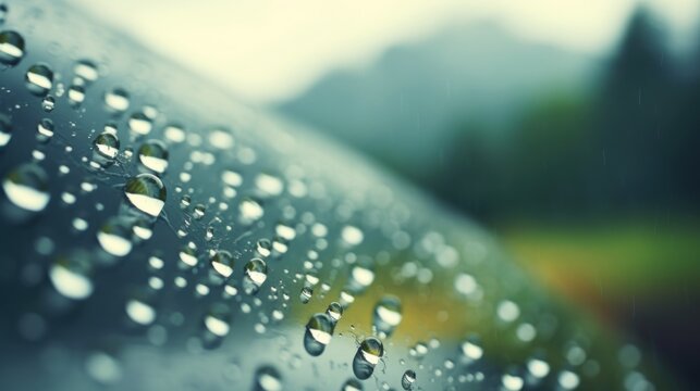  a close up of raindrops on the side of a car window with a blurry forest in the background.