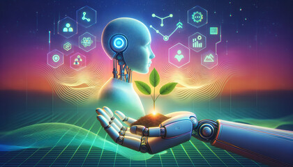 AI Marketing: Humanoid hand nurturing growth with glowing data icons on gradient background. - obrazy, fototapety, plakaty