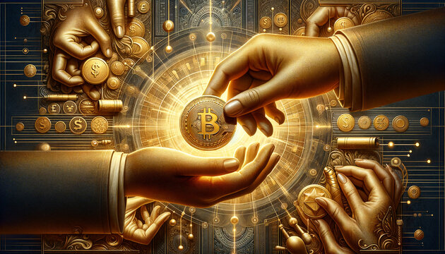 Peer-to-Peer Lending: Elegant hands exchange golden coin in New Maximalism aesthetic.