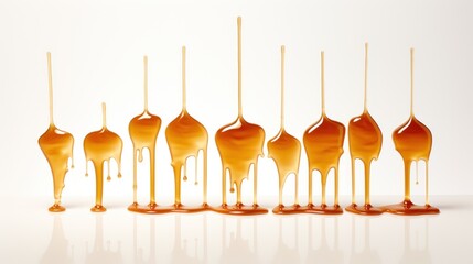  a group of spoons that are covered in caramel colored liquid and dripping on top of each other on a white surface.