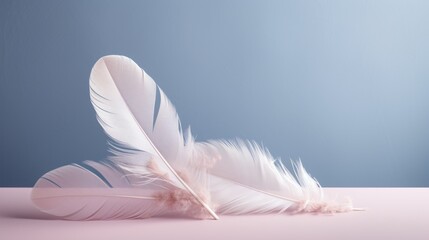  a close up of a white feather on a pink surface with a blue back ground and a blue sky in the background. - obrazy, fototapety, plakaty
