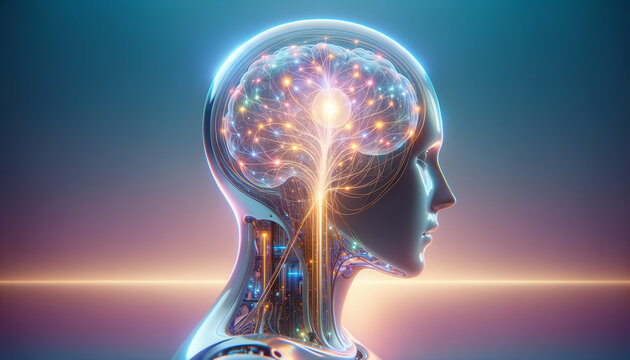Futuristic humanoid robot with glowing neural connections on pastel-neon gradient background.