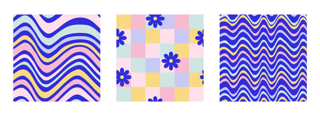 Y2k seamless patterns with daisies, wavy lines and chess. Set of vector backgrounds in trendy modern retro trippy 2000s style. Blue, lilac, pink color. Funny retro cute texture for surface design.