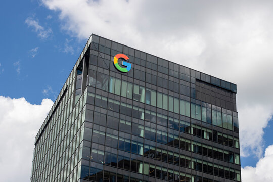 Cambridge, MA, USA - June 28, 2022: Google's office building at 325 Main Street in Cambridge, Massachusetts. Google LLC is an American technology company headquartered in Mountain View, California.