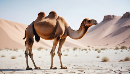 A camel standing in the dry cracked desert