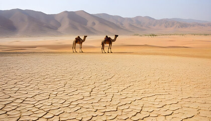 A camel standing in the dry cracked desert