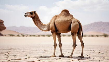 A camel standing in the dry cracked desert