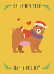 Postcard with text happy new year, Christmas tree branch, holiday, bear with a red hat and scarf.