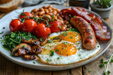 picture of english breakfast with eggs, tomatoes, , bacon, beans, mushrooms and sausage