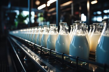 Dairy. Row of bottles with pasteurized milk on conveyor belt. Dairy plant conveyor fills and packs bottles of glass milk. Conveyor is an automatic product line with a dairy plant. - obrazy, fototapety, plakaty