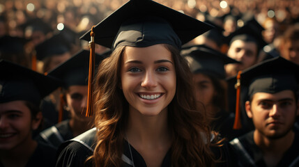 Happy and beautiful graduate girl, against the background of group of graduates