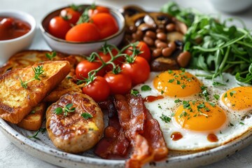 picture of english breakfast with eggs, tomatoes, , bacon, beans, mushrooms and sausage