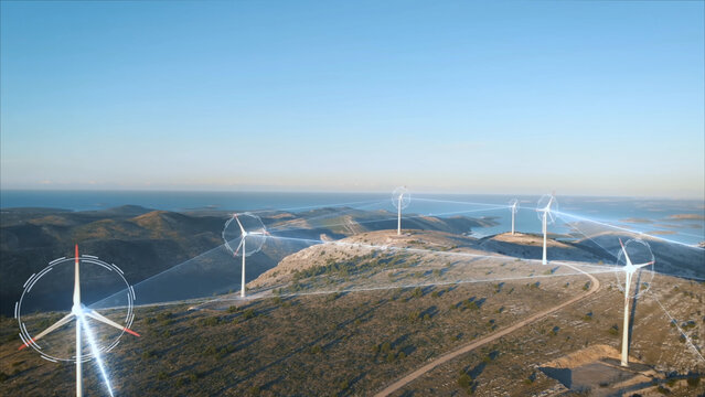 Modern wind turbines produce green, pure energy in rocky coastal landscape. Connection through digital lines, 6G network monitoring - Powered by Adobe