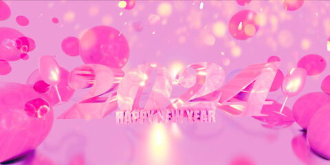 Pink Bokeh HAPPY NEW YEAR BUBBLES | Celebration | Glasses |2024 | 3d Background design, Render abstract, METALLIC