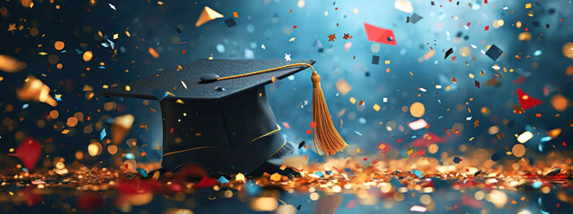 Graduation cap amidst a sparkling celebration, symbolizing academic achievement and commencement. A festive and joyous end to educational endeavors. - obrazy, fototapety, plakaty