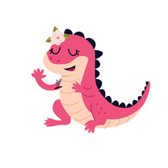 Cute little smiling baby lizard in witch hat holding magic wand. Vector illustration.