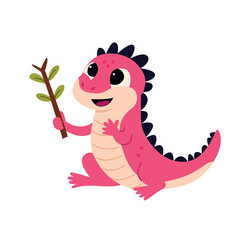 Cute Baby Dinosaur,lizard  With A Stick Vector Illustration on White Background.