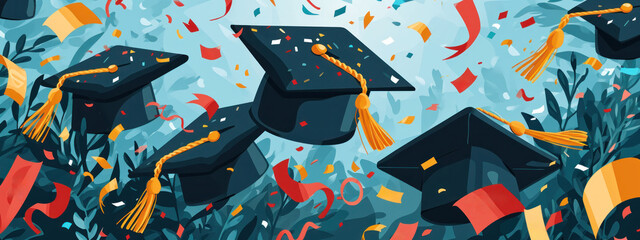 Colorful illustration of graduation hats thrown in the air with confetti, representing achievement and celebration.