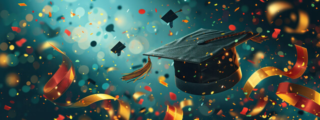 A soaring graduation cap amidst a shower of confetti, capturing the exhilaration of commencement day.
