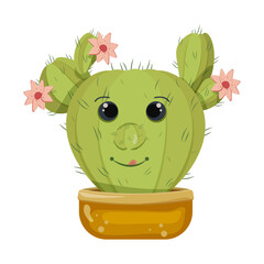 Cartoon prickly pear cactus with flowers. Cactus in a flower pot isolated on white. Cute juicy character with a funny face. The succulent is cheerful and kind. Smiling summer character prickly cactus.