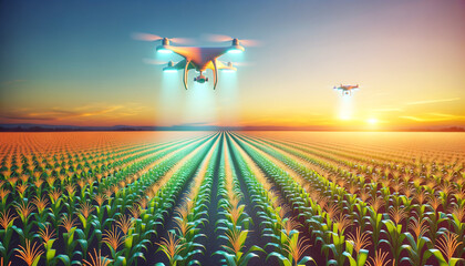 Futuristic AI-driven farming equipment monitoring healthy crops in a vast field at golden hour. - obrazy, fototapety, plakaty
