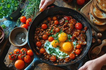 picture of english breakfast with eggs, tomatoes, , bacon, beans, mushrooms and sausage - obrazy, fototapety, plakaty