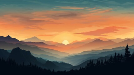Obraz premium a painting of a sunset over a mountain range with pine trees in the foreground and the sun in the distance.