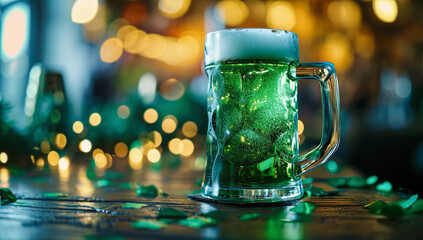 jarra con cerveza verde típica de la fiesta de san patricio irlandesa, sobre mesa de madera y fondo desenfocado verde y dorado - obrazy, fototapety, plakaty