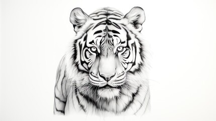  a black and white picture of a tiger's face with a single line drawing of it's head.