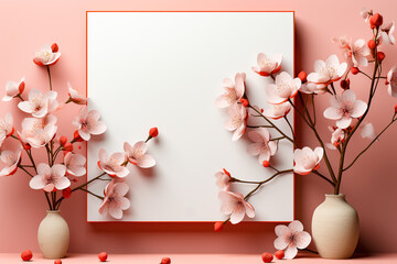 Valentine's Day greeting card mockup with flowers in a white vase on a red background and blank frame for your words of love
