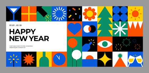 Happy New Year colorful geometric mosaic seamless pattern. Creative abstract shape. Modern scandinavian style icon element. Trendy bright symbol. Minimal background print. Flat vector illustration. - 699842525