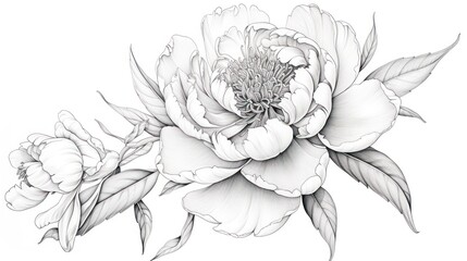  a black and white drawing of a peony flower on a white background, with leaves and buds in the center of the flower.