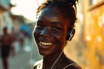 Fototapeta premium Portrait of smiling african american woman on beach at sunset