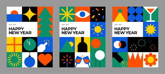 Happy New Year colorful geometric mosaic seamless pattern. Creative abstract shape. Modern scandinavian style icon element. Trendy bright symbol. Minimal background print. Flat vector illustration. - 699842548
