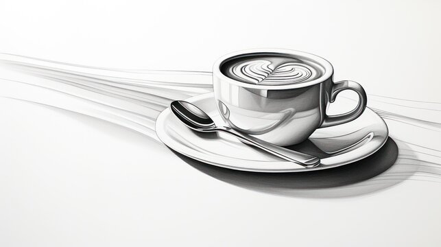  a drawing of a cup of coffee on a saucer with a spoon and spoon rest on a saucer.