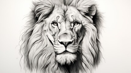  a black and white drawing of a lion's face with a long mane and large, round, round eyes.