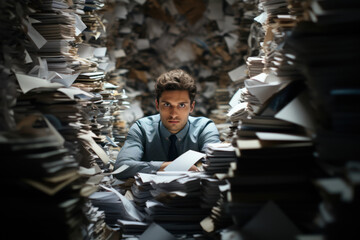 A person surrounded by stacks of paperwork, showcasing the overwhelming nature of administrative tasks. Concept of office challenges and paperwork overload. Generative Ai. - obrazy, fototapety, plakaty